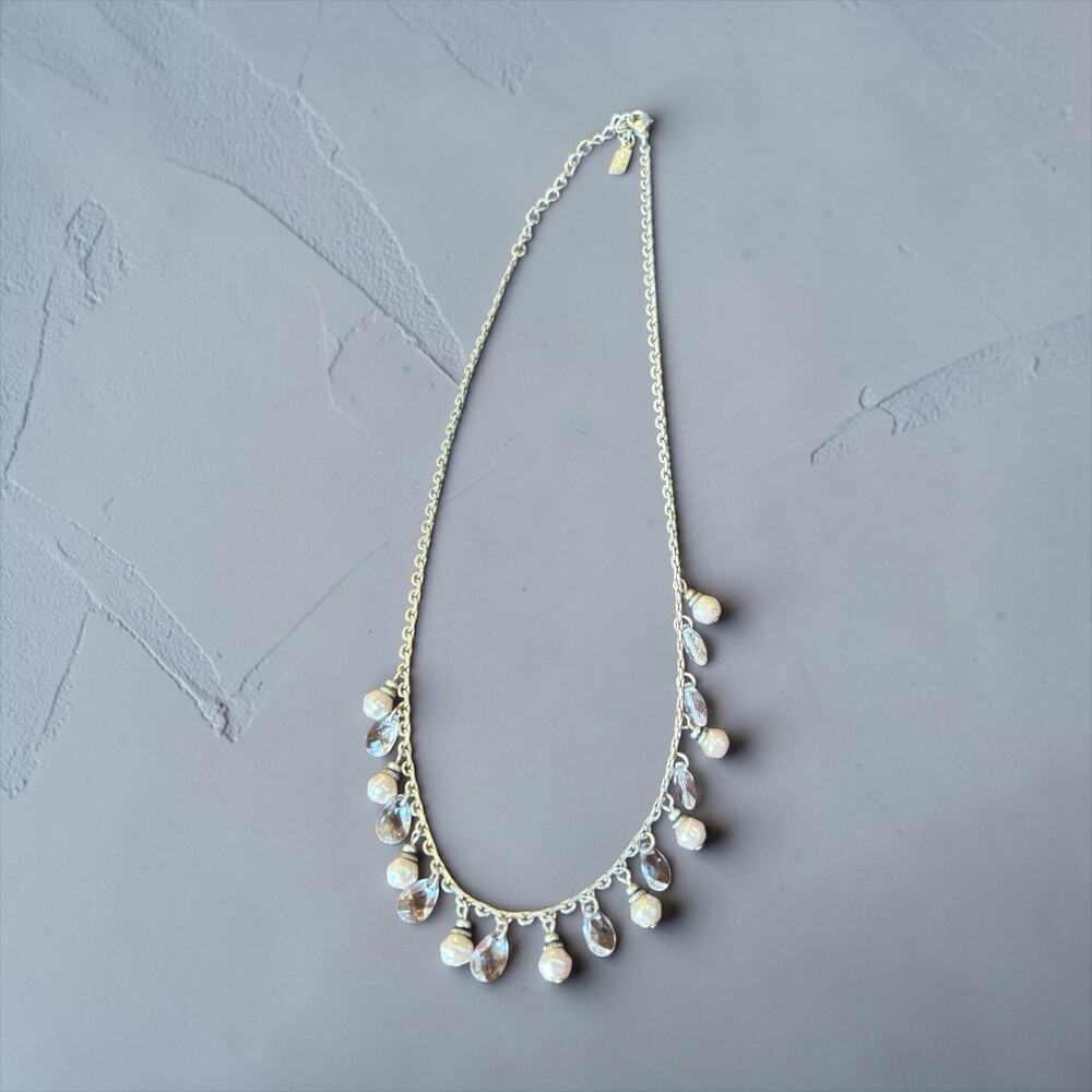 1928 Jewelry Necklace Faux Pearl Crystal Teardrop Dangle Silver Tone